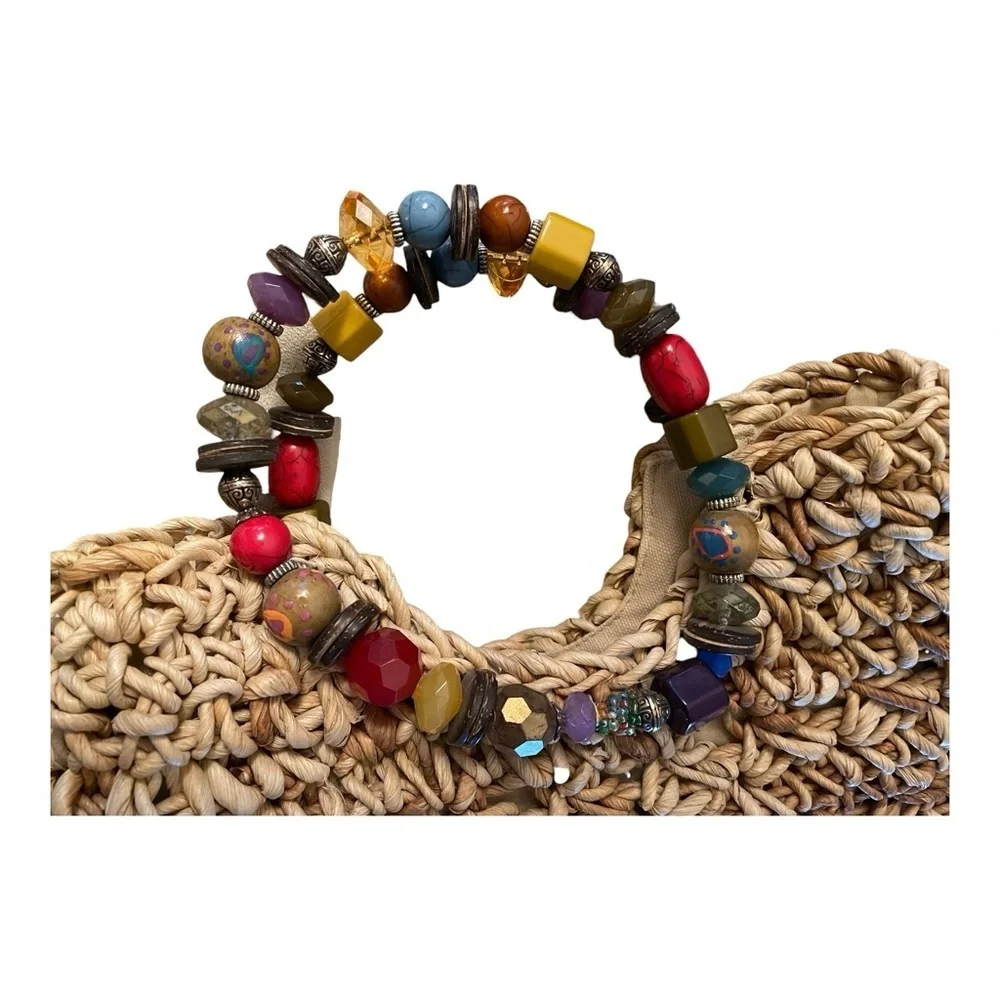Capelli Strawworld Woven Beige Purse with Bohemian Beaded Handle, Island Living.